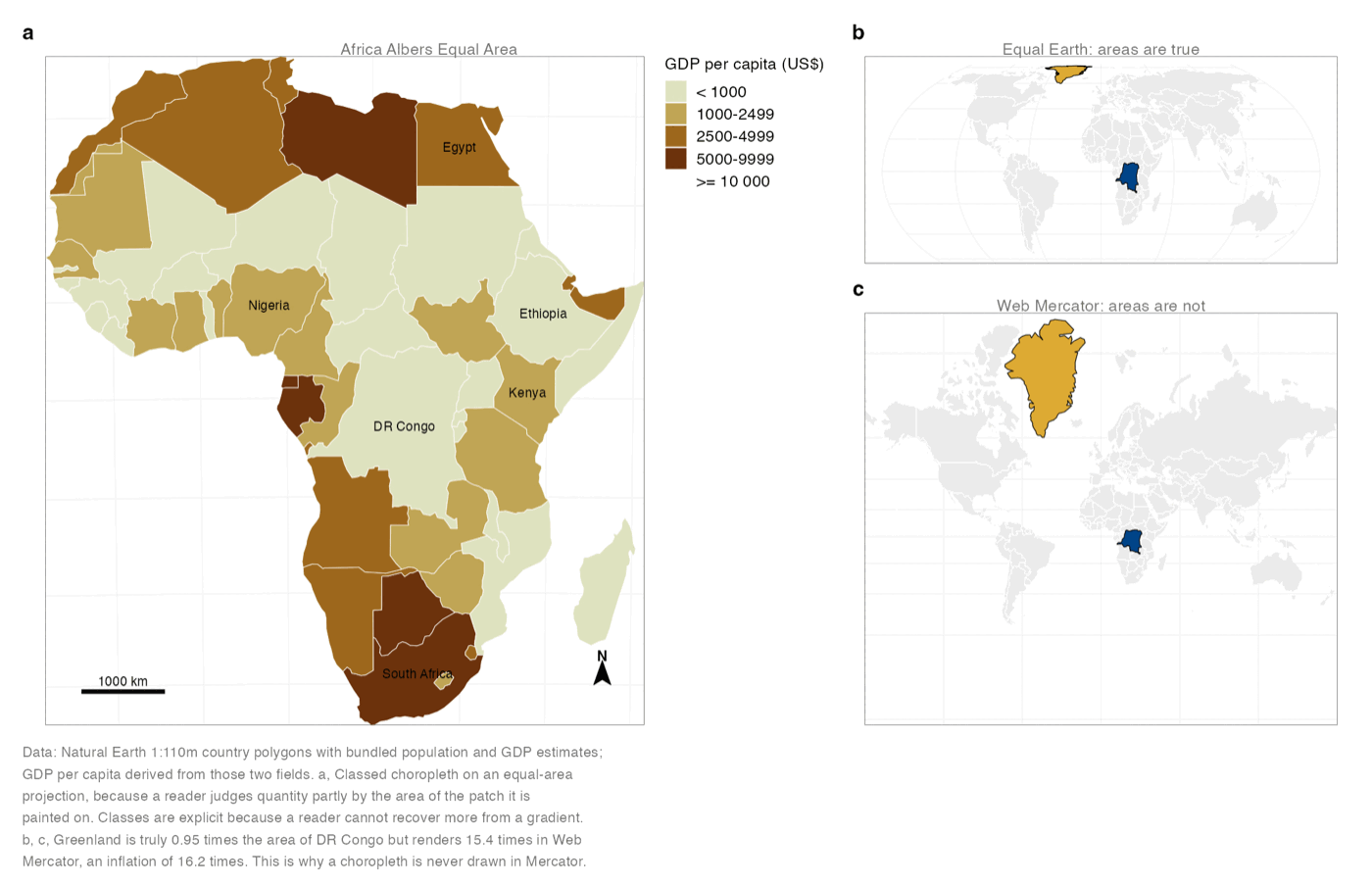 Choropleth of GDP per capita across Africa on an equal-area projection, beside two world maps showing that Greenland renders 15.4 times its true area in Web Mercator.